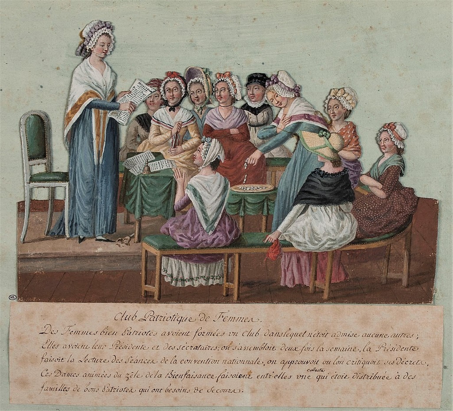 Eine Versammlung des Club Patriotique de Femmes, Jean-Baptiste Lesueur, ca. 1792-1794.
https://nl.wikipedia.org/wiki/Etta_Palm#/media/Bestand:Lesueur_-_Club_Patriotique_de_Femmes.jpg