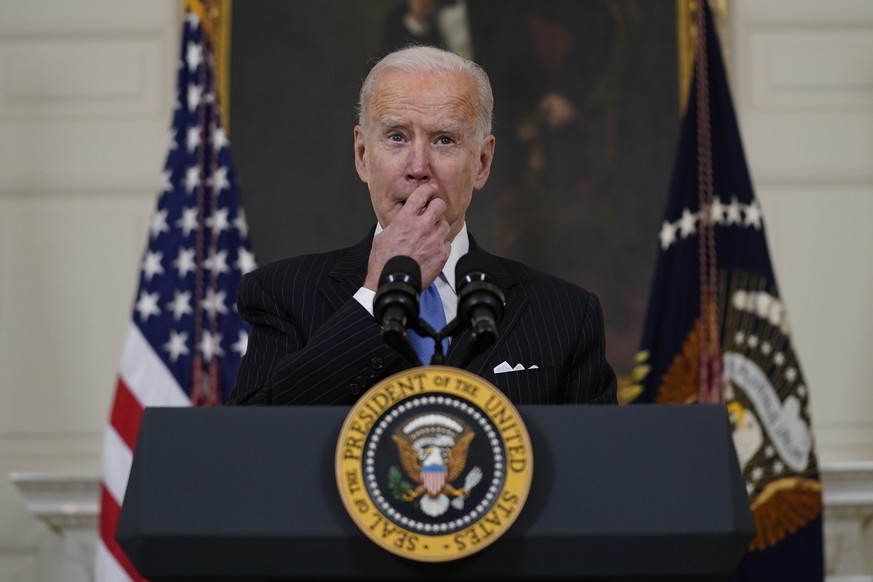 President Joe Biden speaks about efforts to combat COVID-19, in the State Dining Room of the White House, Tuesday, March 2, 2021, in Washington. (AP Photo/Evan Vucci)
Joe Biden