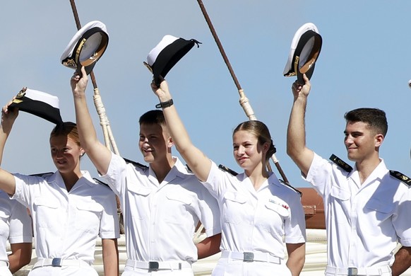 epa11896254 A handout photo made available by the House of His Majesty the King showing Princess Leonor (2-R) on her training journey as a midshipman on the Juan Sebastian de El Cano Training Ship, on ...