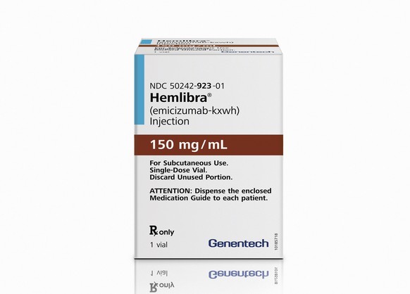 This photo provided by Genentech, Inc. shows a package of the drug Hemlibra. On Thursday, Nov. 16, 2017, the Food and Drug Administration approved Hemlibra, the first new treatment in nearly two decad ...