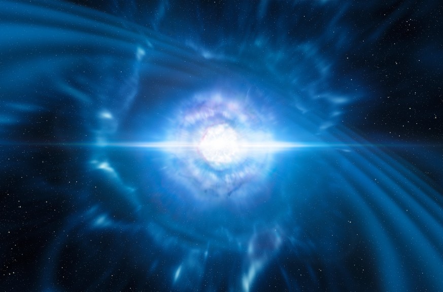 epa06269419 An undated handout photo made available by the European Southern Observatory (ESO) on 16 October 2017 shows an artist&#039;s impression of two tiny but very dense neutron stars at the poin ...
