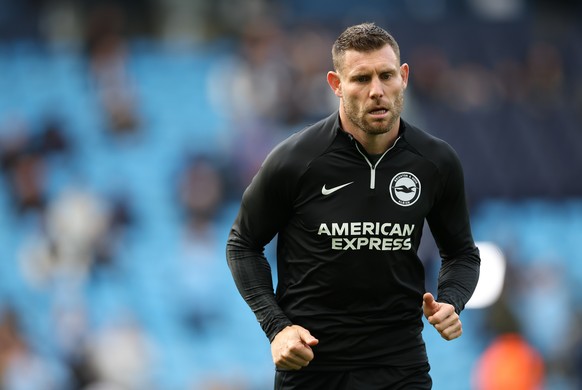 epa10930732 James Milner of Brighton warms up ahead of the English Premier League match between Manchester City and Brighton &amp; Hove Albion in Manchester, Britain, 21 October 2023. EPA/ADAM VAUGHAN ...