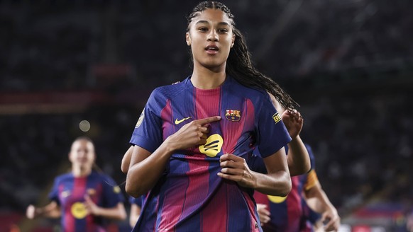 November 15, 2025, Barcelona, Barcelona, Spain: Sydney Joy Schertenleib of FC Barcelona, Barca celebrates a goal during the Spanish Women league, Liga F, football match played between FC Barcelona and ...
