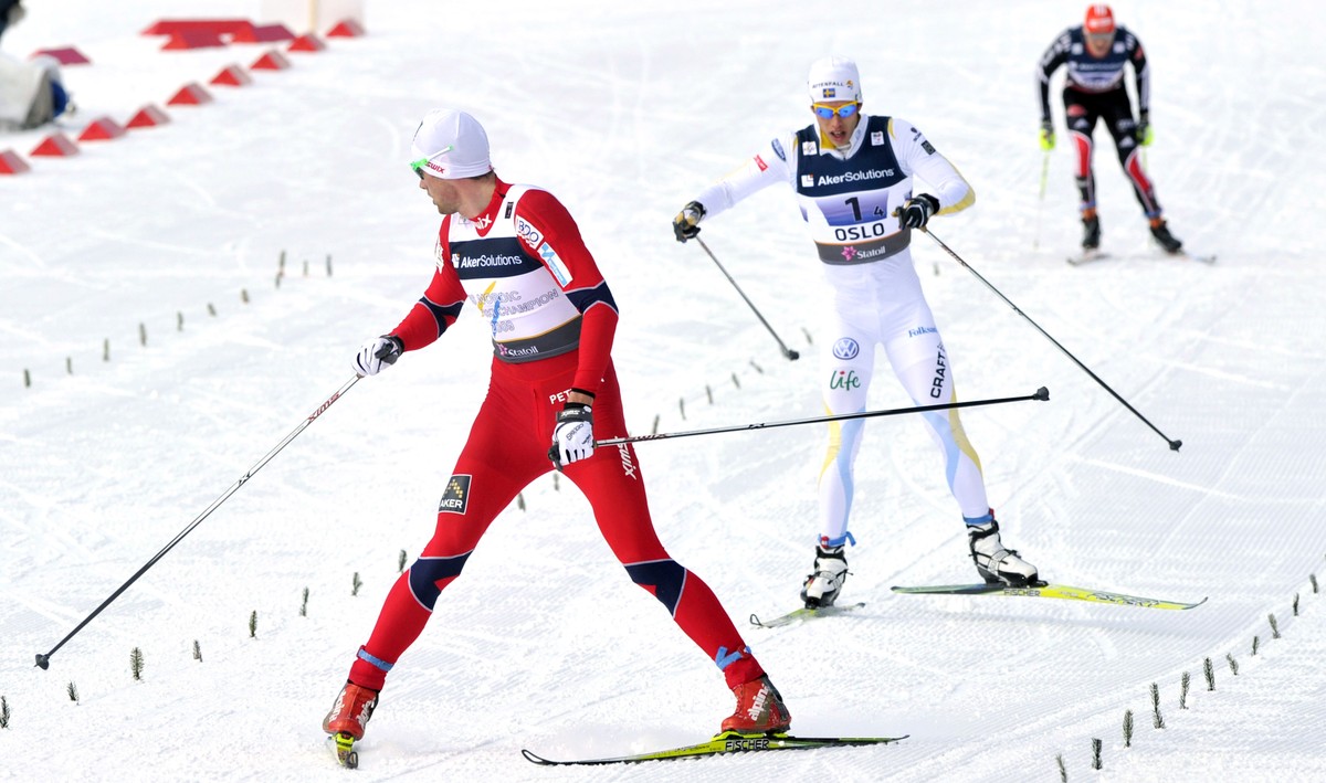 OSLO, NORWAY - MARCH 4: (FRANCE OUT) Petter jr. Northug of Norway takes 1st place, Daniel Rickardsson of Sweden takes 2nd place during the FIS Nordic World Ski Championships Cross-Country Men's 4 ...