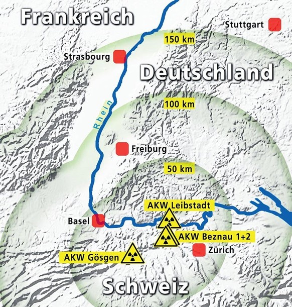 Die Schweizer Atomkraftwerke Beznau, Gösgen und Leibstadt gehören zu den ältesten der Welt. Alle vier Reaktoren stehen nahe oder direkt an der deutschen Grenze. Quelle: Trinationaler Atomschutzverband