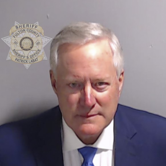 This booking photo provided by the Fulton County Sheriff&#039;s Office shows Mark Meadows on Thursday, Aug. 24, 2023, in Atlanta, after he surrendered and was booked. Meadows is charged alongside form ...