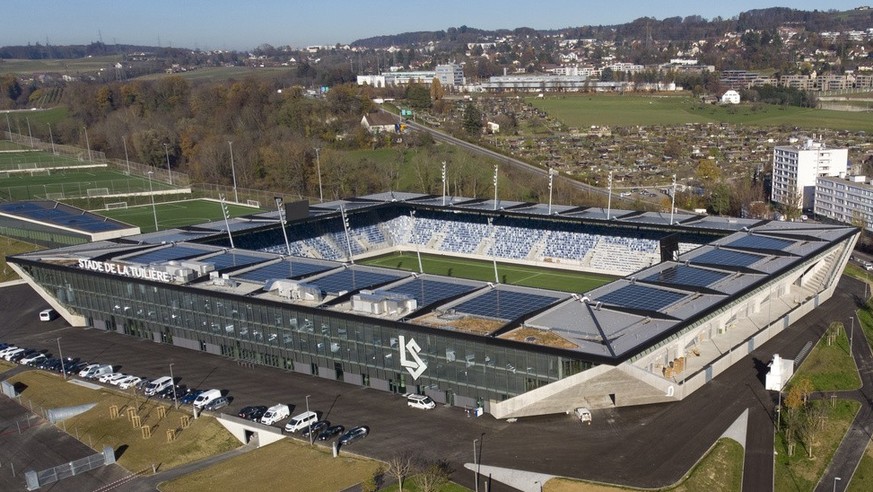 Le stade de football de la Tuiliere photographie ce mercredi 18 novembre 2020 a Lausanne. Le premier match officiel du club de football de Super League du FC Lausanne-Sport dans son nouveau stade est  ...