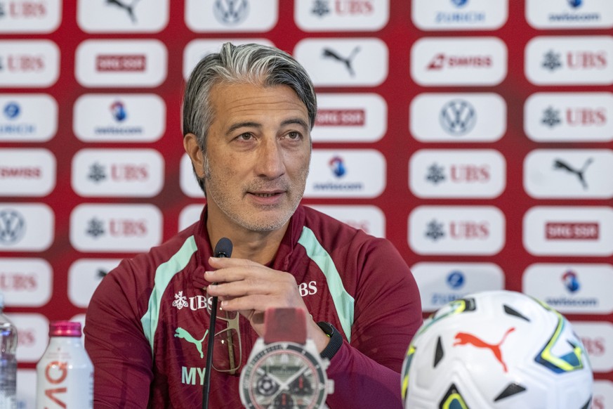 Coach Murat Yakin from Switzerland at a press conference one day ahead of the UEFA Nations League B of Group 1 soccer match between Switzerland and North Macedonia at the Thermoplanarena in Luzern, Sw ...