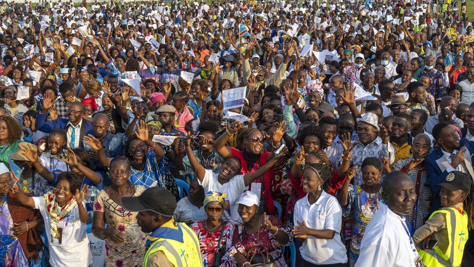 Worshippers gather at Ndolo airport for a Holy Mass with Pope Francis in Kinshasa, Congo, Wednesday, Feb. 1, 2023. Francis is in Congo and South Sudan for a six-day trip, hoping to bring comfort and e ...