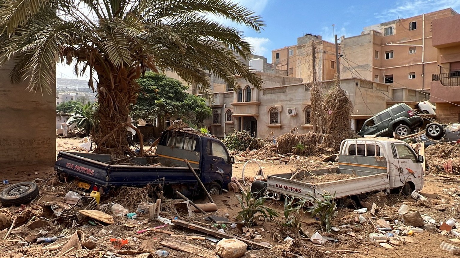 epa10866756 A damaged neighborhood after Storm Daniel flooded eastern Libya, in the port city of Derna, eastern Libya, September 17, 2023. Unprecedented floods hit Libya after the Mediterranean Sea...