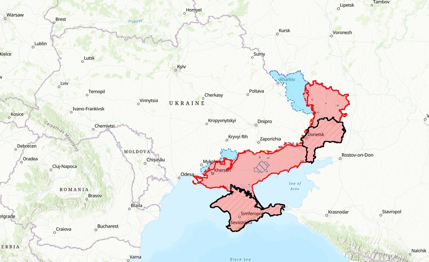 Die blauen Stellen markieren die jüngsten Gebietsgewinne der Ukraine. Rot eingezeichnet sind die weiterhin besetzten Gebiete.