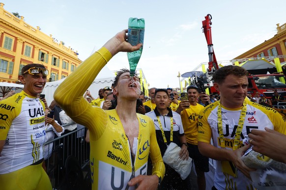 Tour de France 2024 - Stage 21 NICE, FRANCE - JULY 21 : Pogacar Tadej SVN of UAE Team Emirates celebrates after winning stage 21 of the 111th edition of the Tour de France 2024 cycling race, a individ ...
