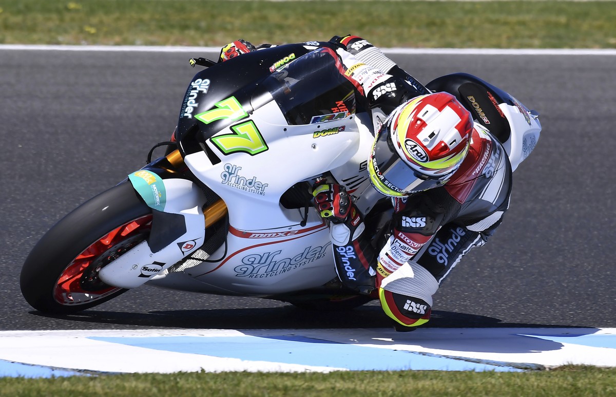 Switzerland's Moto2 rider Dominique Aegerter steers his Suter during the first practice session for the Australian Motorcycle Grand Prix at Phillip Island near Melbourne, Australia, Friday, Oct.  ...