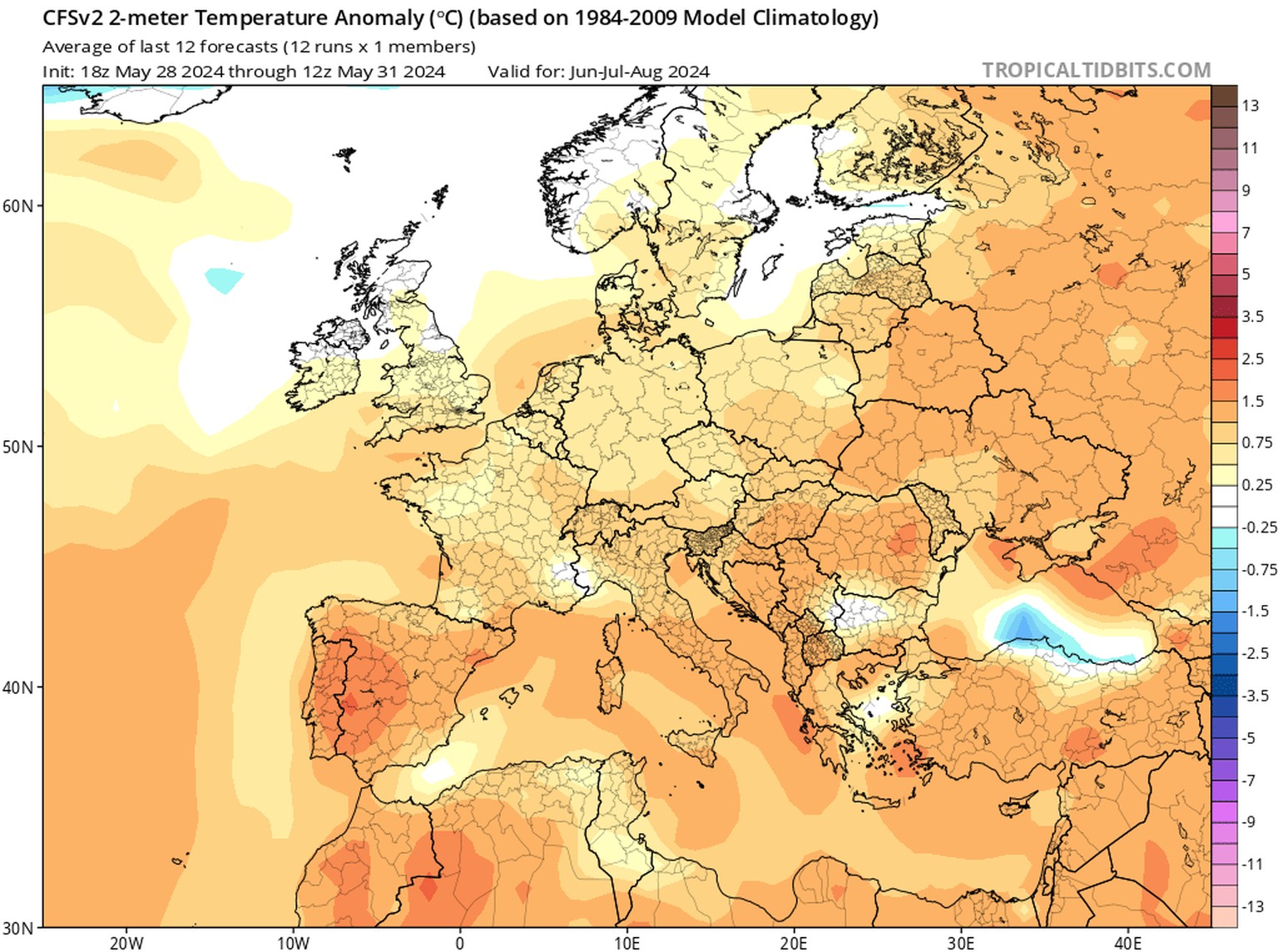 Abweichung der Temperatur gegenüber dem langjährigen Mittel in Europa für die Monate Juni, Juli und August (CFSv2, NOAA)