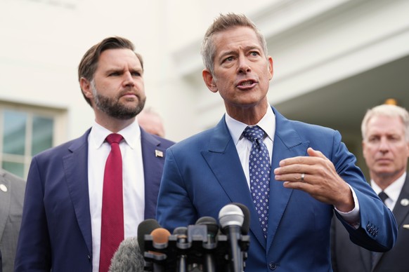 Transportation Secretary Sean Duffy speaks alongside Vice President JD Vance about the impact of the government shutdown on the aviation industry, outside of the West Wing of the White House, Thursday ...