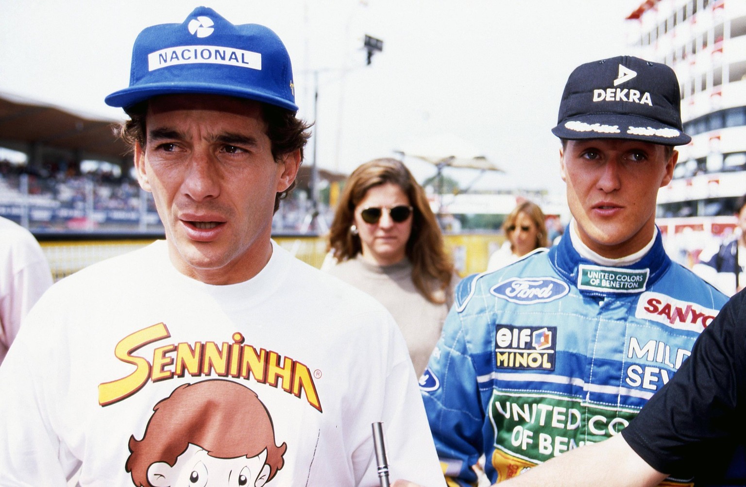 San Marino Grand Prix, Rd 3, Imola, Italy, 1 May 1994.s Ayrton Senna BRA Williams Left and Michael Schumacher GER Benetton Right are quizzed on the reformation of the GPDA following the previous days  ...