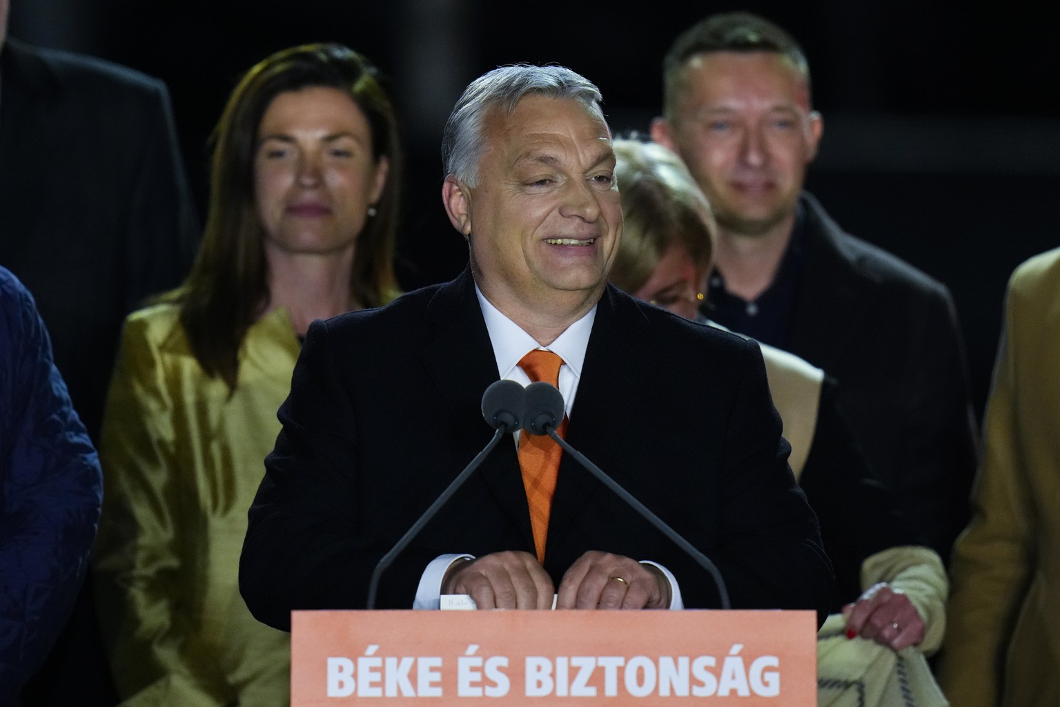 Hungary&#039;s Prime Minister acknowledges cheering supporters during an election night rally in Budapest, Hungary, Sunday, April 3, 2022. Early partial results in Hungary&#039;s national election are ...