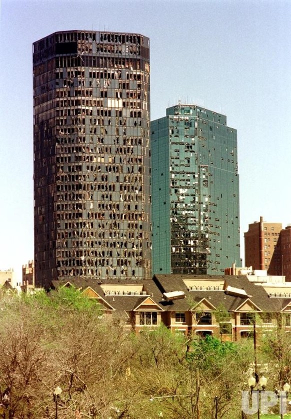 Aftermath of a tornado after it ripped through downtown Fort Worth, Texas on March 28, 2000