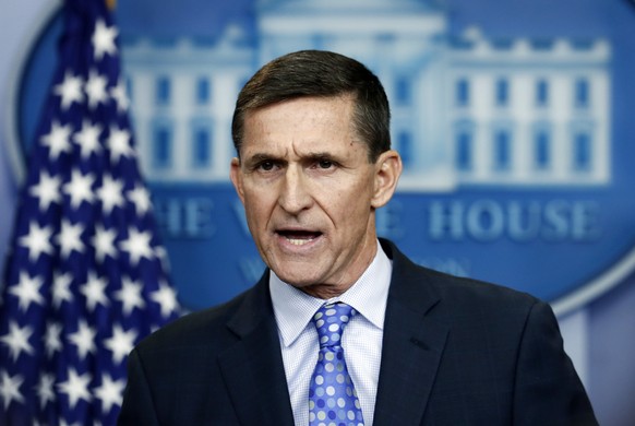 FILE- In this Feb. 1, 2017, file photo, then-National Security Adviser Michael Flynn speaks during the daily news briefing at the White House, in Washington. Flynn resigned as President Donald Trump&# ...