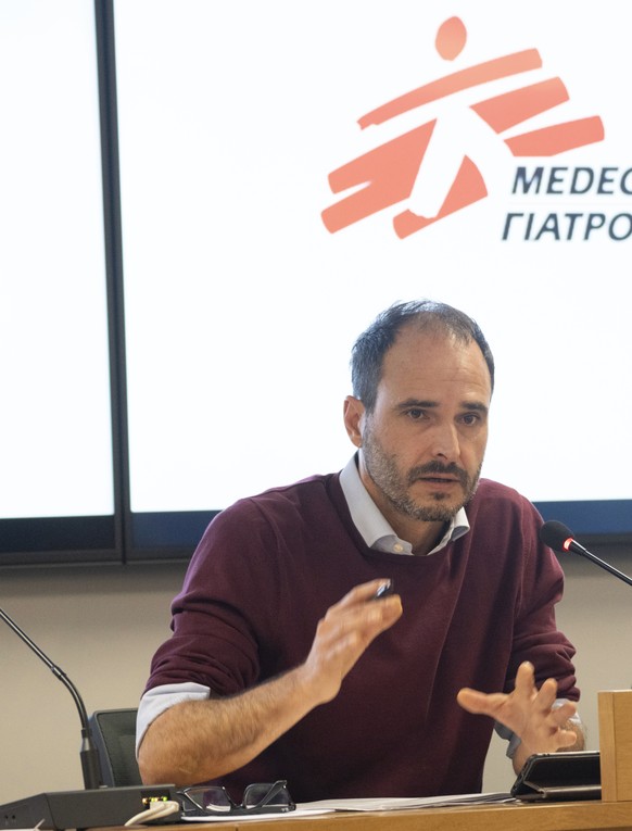International President of MSF Christos Christou, left, speaks next to Greek journalist Panos Charitos, during a news conference organised by the Doctors Without Borders, in Athens, on Thursday, Nov.  ...