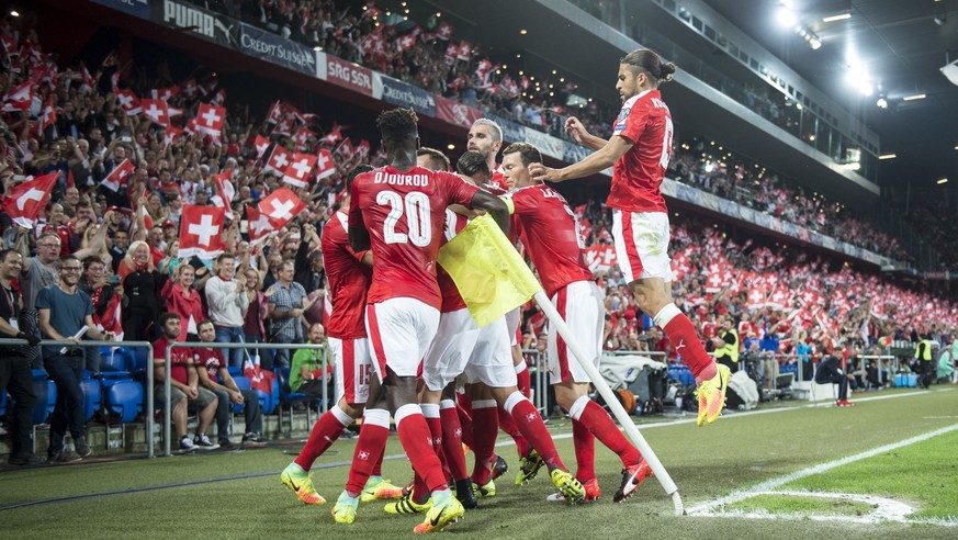 Swiss player celebrate Embolo&#039;s goal during the 2018 Fifa World Cup Russia group B qualification soccer match between Switzerland and Portugal at the St. Jakob-Park stadium, in Basel, Switzerland ...