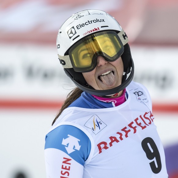 epa06475605 Wendy Holdener of Switzerland reacts in the finish area during the Slalom run of the women's Alpine Combined race at the Alpine Skiing FIS Ski World Cup in Lenzerheide, Switzerland, 2 ...