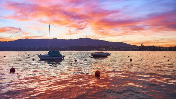 SCHWEIZ, ZÜRICH, Zürichsee mit Segelbooten im Abendrot und Uetliberg im Hintergrund. *** SWITZERLAND ZURICH Lake Zurich with sailing boats in the sunset and Uetliberg in the background