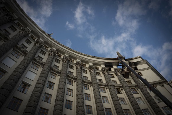 In this photo provided by the Press Service Of Prime minister Of Ukraine on Sept. 8, 2025, the Cabinet of Ministers building is seen damaged after a Russian attack in Kyiv, Ukraine. (Press Service Of  ...