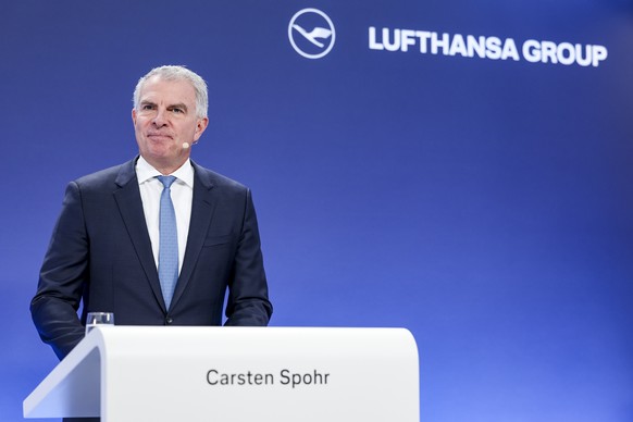 epa11203580 Carsten Spohr, Chief Executive Officer (CEO) of Lufthansa AG, speaks during the annual general meeting (AGM) of the Lufthansa Group in Frankfurt, Germany, 07 March 2024. EPA/CHRISTOPHER NE ...