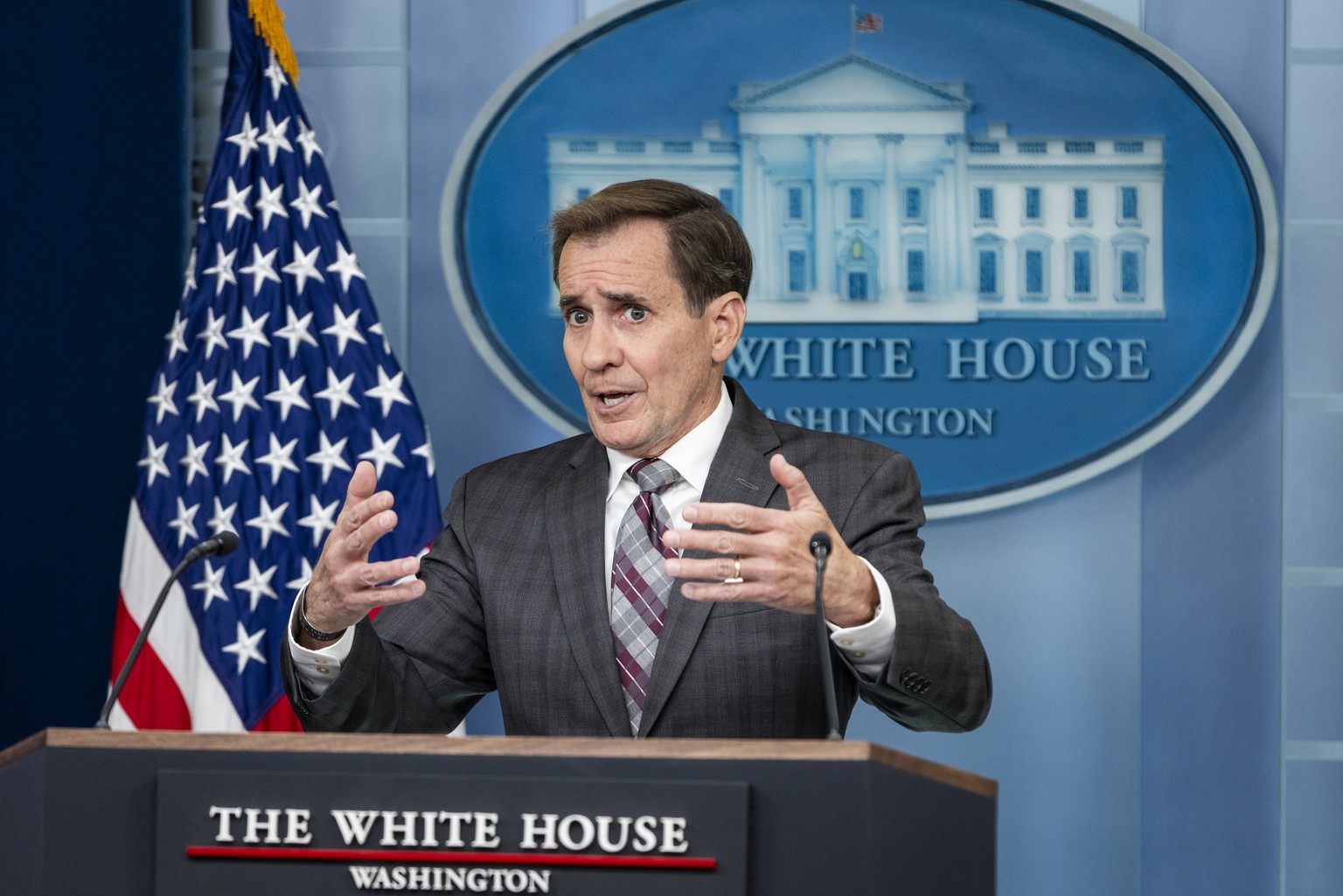 epa11678152 National Security Communications Advisor John Kirby speaks during the Daily Press Briefing in the James S. Brady Briefing Room at the White House in Washington, D.C., USA, 23 October 2024. ...
