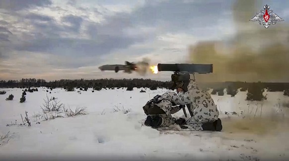 Included in this handout is a photo from a video released by the press service of the Russian Ministry of Defense on Wednesday, December 12.  On December 28, 2022, Russian soldiers participate in exercises at an undisclosed location in Belarus.  anus...