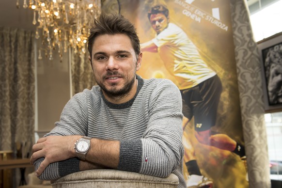 Swiss tennis player Stan Wawrinka poses in front of a poster during a press conference of the Geneva Open 2017 tennis tournament, on Wednesday, November 30, 2016, in Geneva, Switzerland.(KEYSTONE/Jean ...