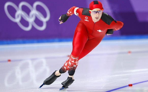 Switzerland&#039;s Livio Wenger competes during the men&#039;s 5,000 meters race at the Gangneung Oval at the 2018 Winter Olympics in Gangneung, South Korea, Sunday, Feb. 11, 2018. (AP Photo/Petr Davi ...
