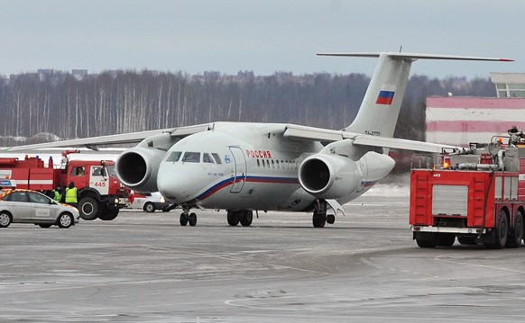 epa06514814 (FILE) - A Russian An-148 aircraft sits on the tarmac after an emergency landing on Pulkovo airport in St. Petersburg, Russia, 24 February 2012 (reissued 11 February 2018). According to re ...