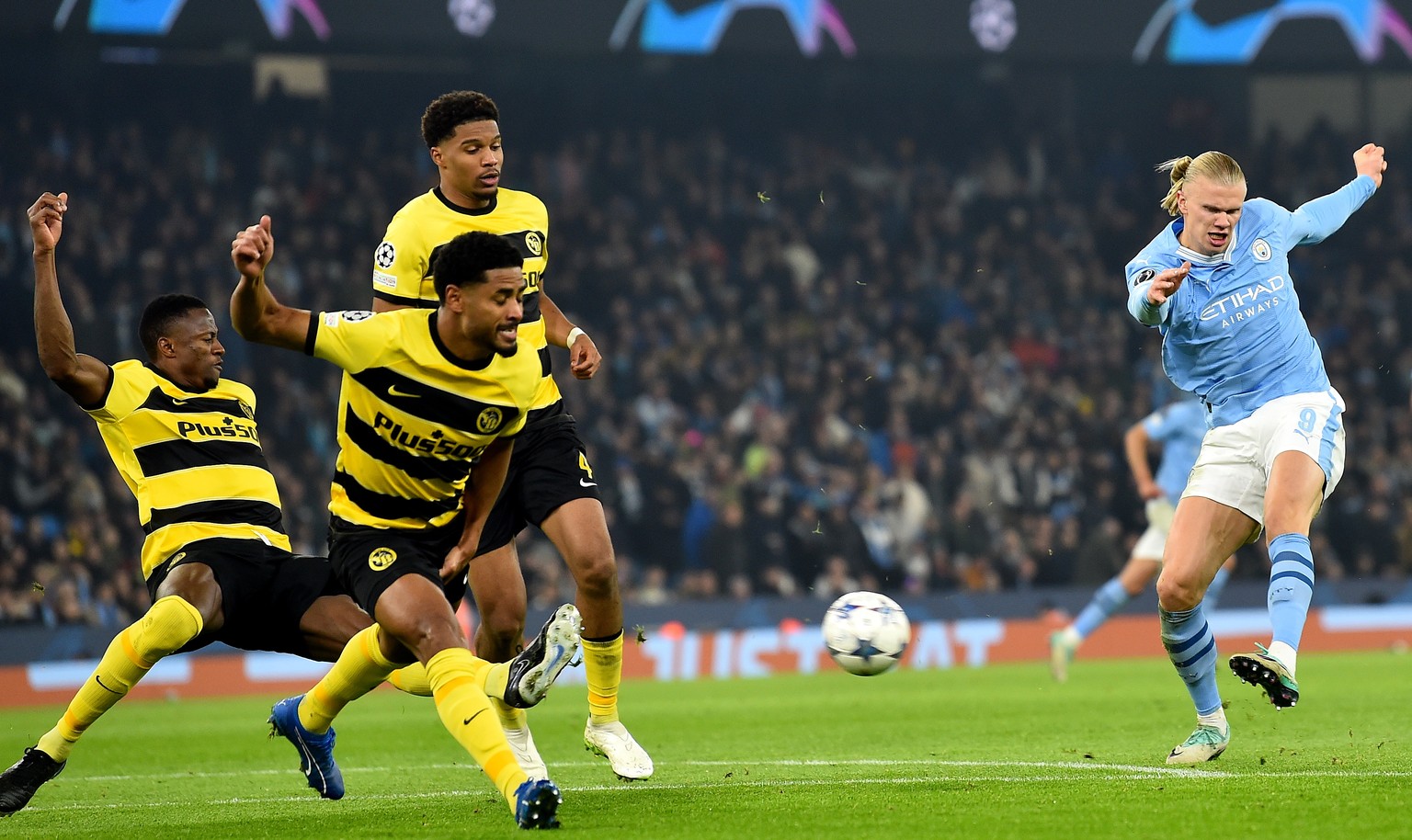 epa10963461 Erling Haaland (R) of Manchester City scores his second goal during the UEFA Champions League Group G match between Manchester City and Young Boys Bern, in Manchester, Britain, 07 November ...