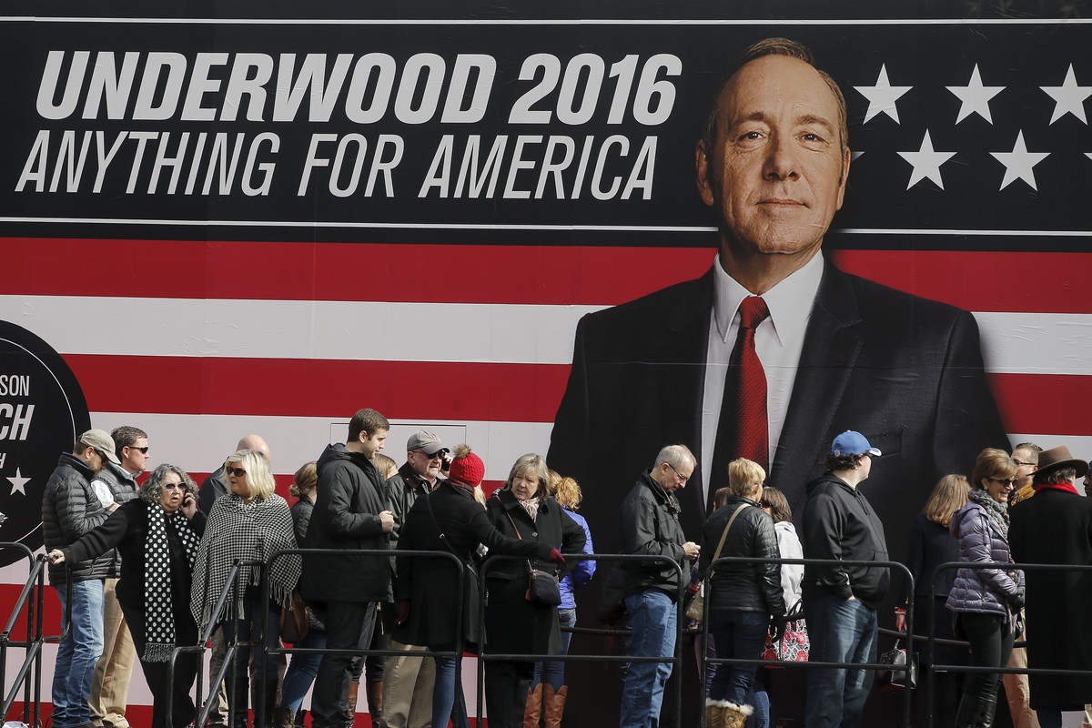 People line up outside a "House of Cards" guerrilla marketing campaign in Greenville, South Carolina, February 12, 2016. Actor Kevin Spacey plays the role of Frank Underwood in the Netflix s ...