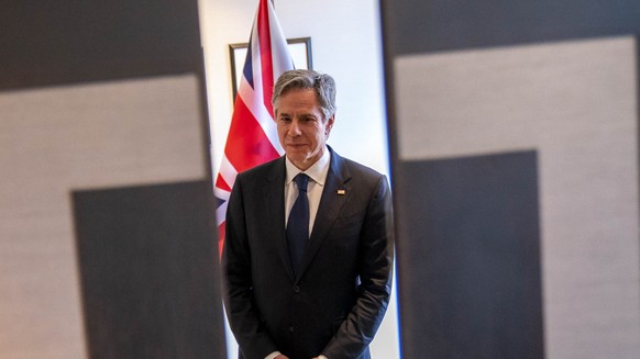 Doors close after U.S. Secretary of State Antony Blinken gives a joint statement with British Foreign Secretary James Cleverly on the situation in Sudan to members of the media during a G7 Foreign Min ...