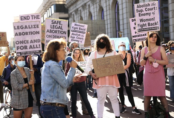 Gloria La Riva speaks during a protest in reaction to a leaked Supreme Court Roe v Wade draft at Powell and Market Streets in San Francisco, on Tuesday, May 3, 2022. (Scott Strazzante/San Francisco Ch ...