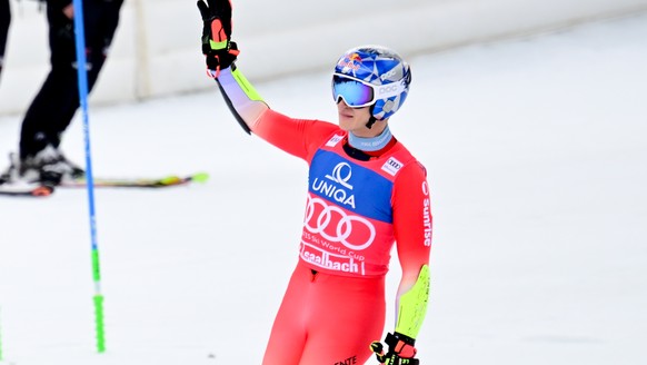 epa11223764 Marco Odermatt of Switzerland reacts in the finish area after his second run in the Men&#039;s Giant Slalom race at the FIS Alpine Skiing World Cup finals in Saalbach Hinterglemm, Austria, ...