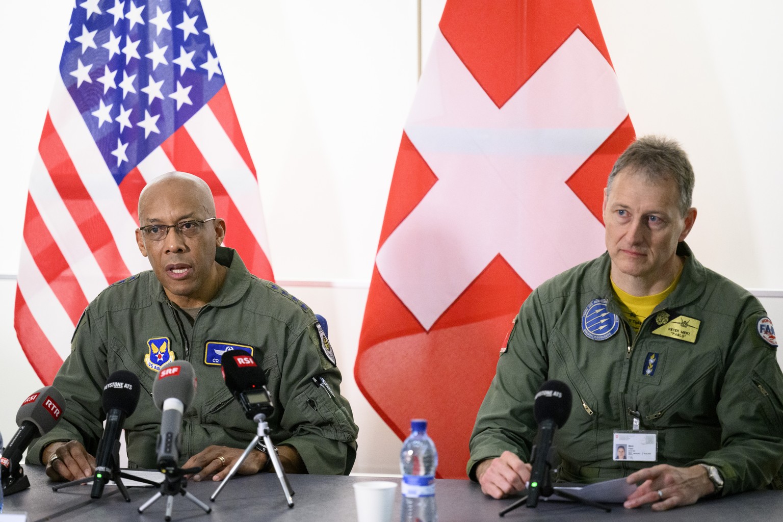 US&#039;s Charles Q. Brown Jr., left, Chief of Staff of the United States Air Force and Commander of the Swiss Air Force Major General Peter Merz, right, speak during a press conference at the end of  ...