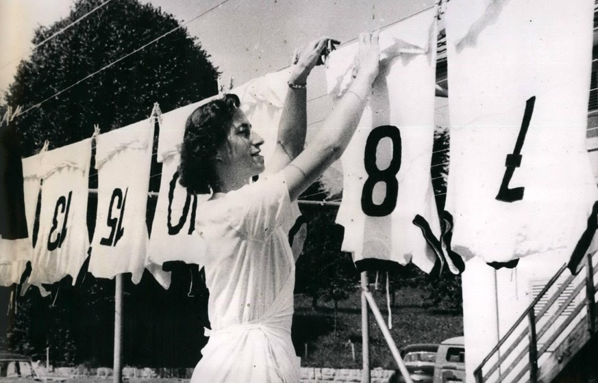 Jun. 16, 1954 - With fresh washed shirts.. the German national-team will begin the play of the quarter-final of the Football-championship in Switzerland. With much trouble Liselotte Meier washed the s ...