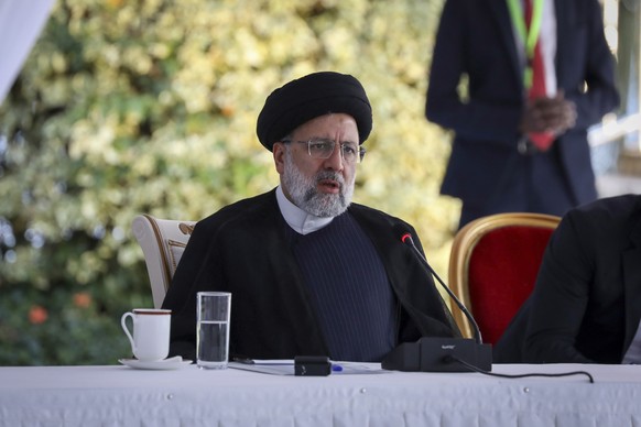 Iran&#039;s President Ebrahim Raisi speaks at a joint press conference after meeting with Uganda&#039;s President Yoweri Museveni at State House in Entebbe, Uganda Wednesday, July 12, 2023. Iran&#039; ...
