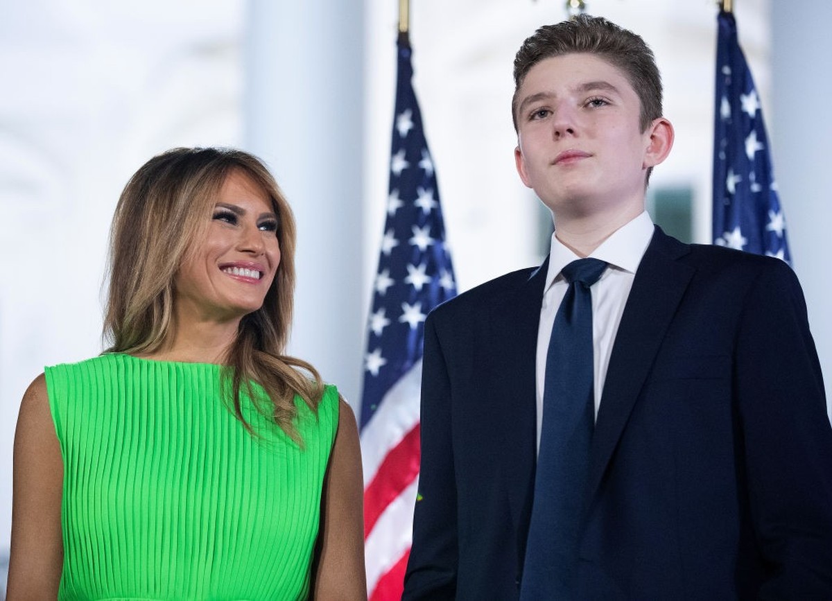WASHINGTON, DC - AUGUST 27: First lady Melania Trump (L) looks at her son Barron Trump after U.S. President Donald Trump delivered his acceptance speech for the Republican presidential nomination on t ...