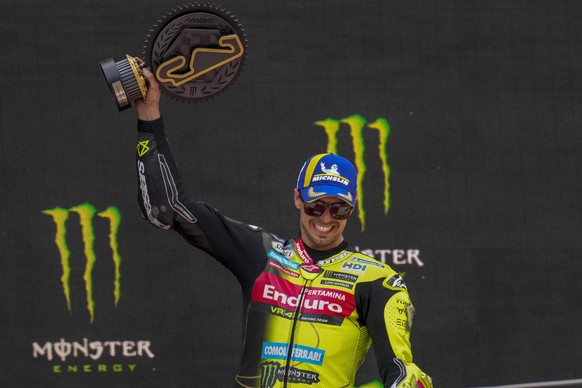 epa12967936 Italian MotoGP rider Fabio Di Giannantonio of VR46 Racing Team celebrates after winning the MotoGP race of the Grand Prix of Catalonia at the Circuit de Barcelona-Catalunya racetrack in Mo ...