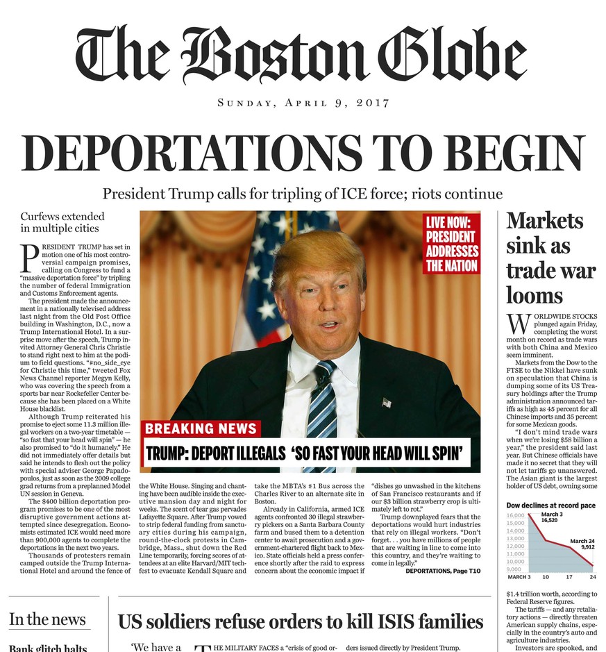 Die satirische Frontseite des&nbsp;«Boston Globe» vom Sonntag.