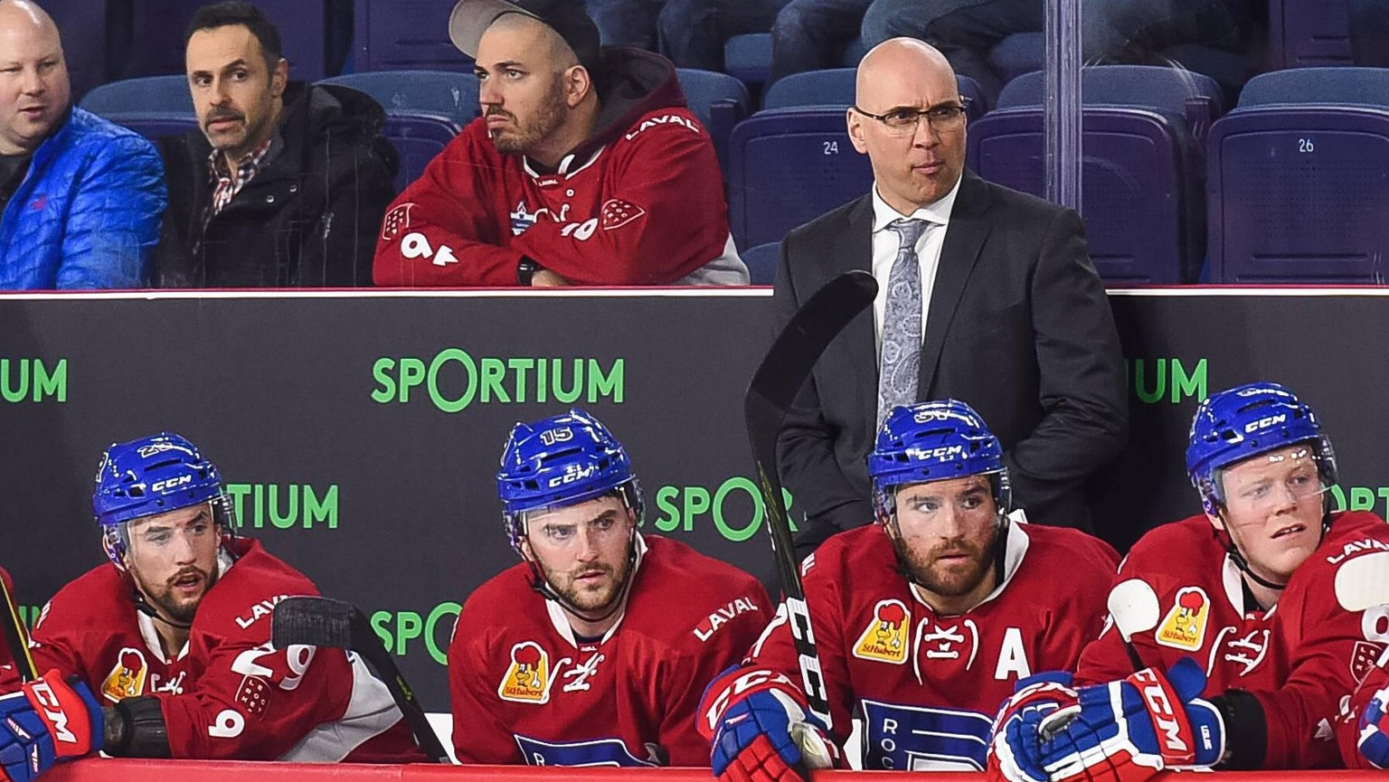 LAVAL, QC - FEBRUARY 14: Look on Laval Rocket head coach Sylvain Lefebvre during the Belleville Senators versus the Laval Rocket game on February 14, 2018, at Place Bell in Laval, QC (Photo by David K ...