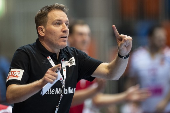 Switzerland&#039;s head coach Michael Suter reacts during the Men&#039;s European Championship qualification game between Switzerland and North Macedonia in Schaffhausen, Switzerland, Saturday, 7. Nov ...