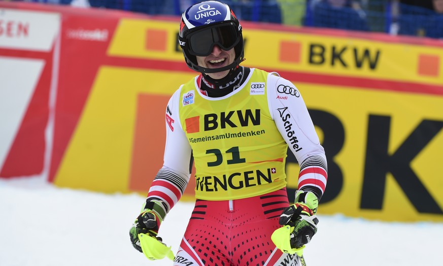 Austria&#039;s Matthias Mayer arrives at the finish area during an alpine ski, men&#039;s World Cup combined in Wengen, Switzerland, Friday, Jan. 17, 2020. (AP Photo/Marco Tacca)