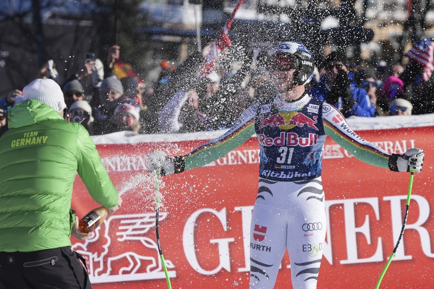 Germany&#039;s Thomas Dressen celebrates at the finish area of an alpine ski, men&#039;s World Cup downhill race, in Kitzbuehel, Austria, Saturday, Jan. 20, 2024. Dressen is retiring at the age of 30  ...