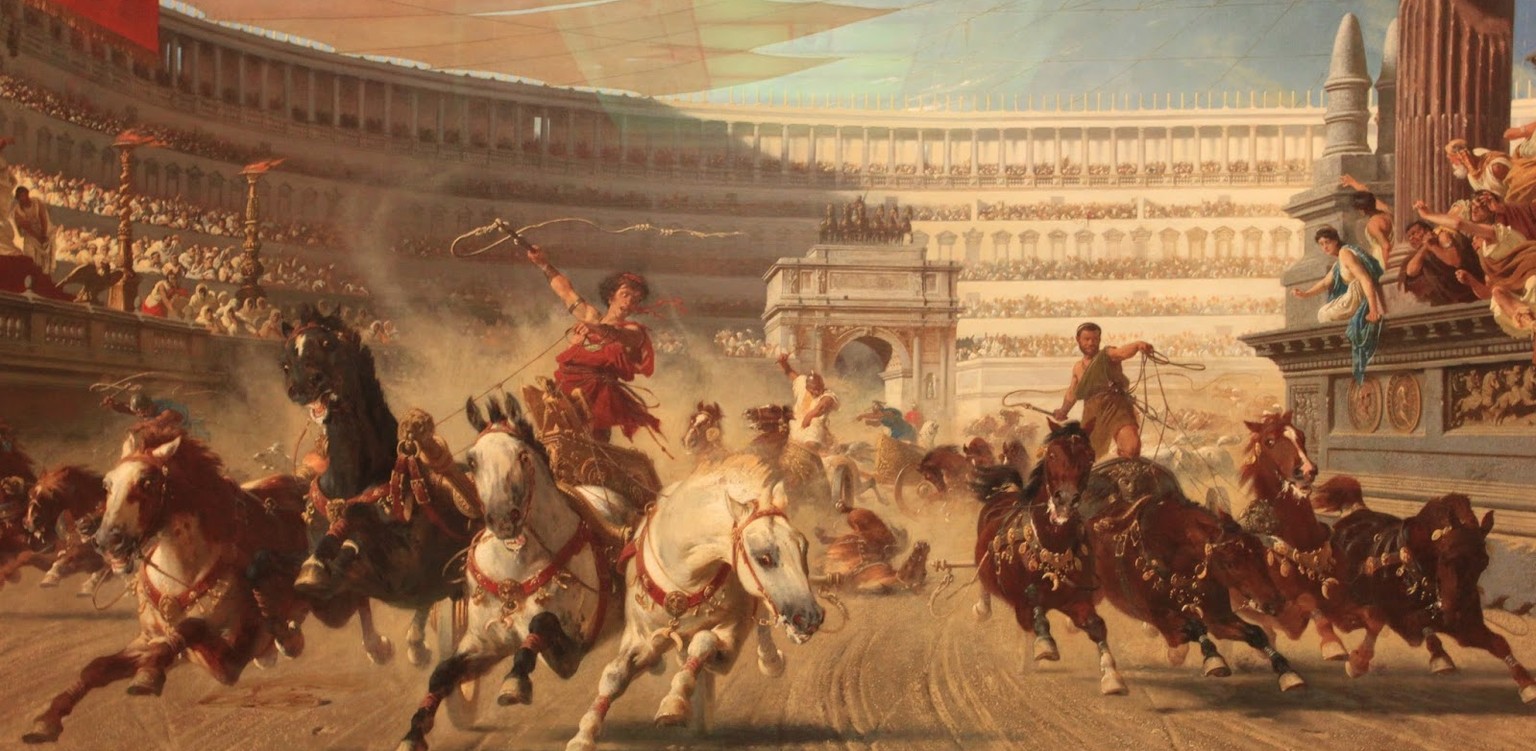 So darf man sich die Wagenrennen der Antike etwa vorstellen, Gemälde von Sándor Wagner.&nbsp;